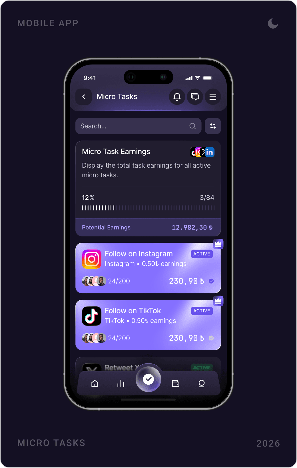 Password reset by email, SMS verification code entry, and the Micro Tasks screen with total task earnings and task cards