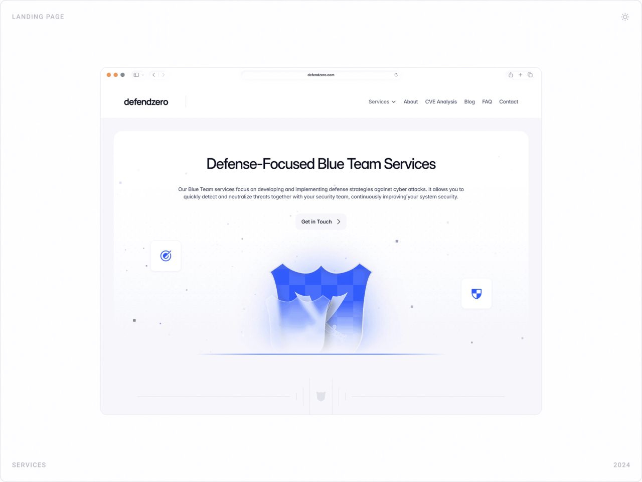 Blue Team service page: “Defense-Focused Blue Team Services” with a blue 3D shield