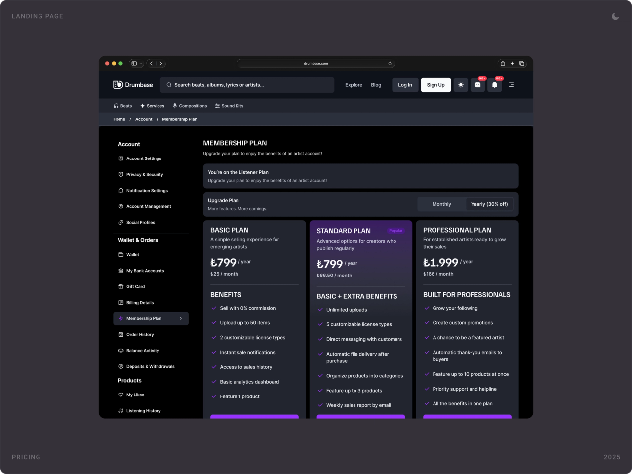 Membership plan page with Basic, Standard and Professional plans, monthly or yearly
