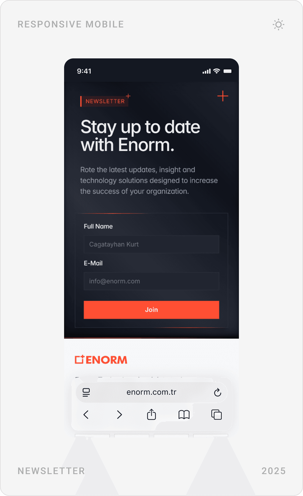 Mobile newsletter sign-up, footer with company description and certification badges, and footer link lists