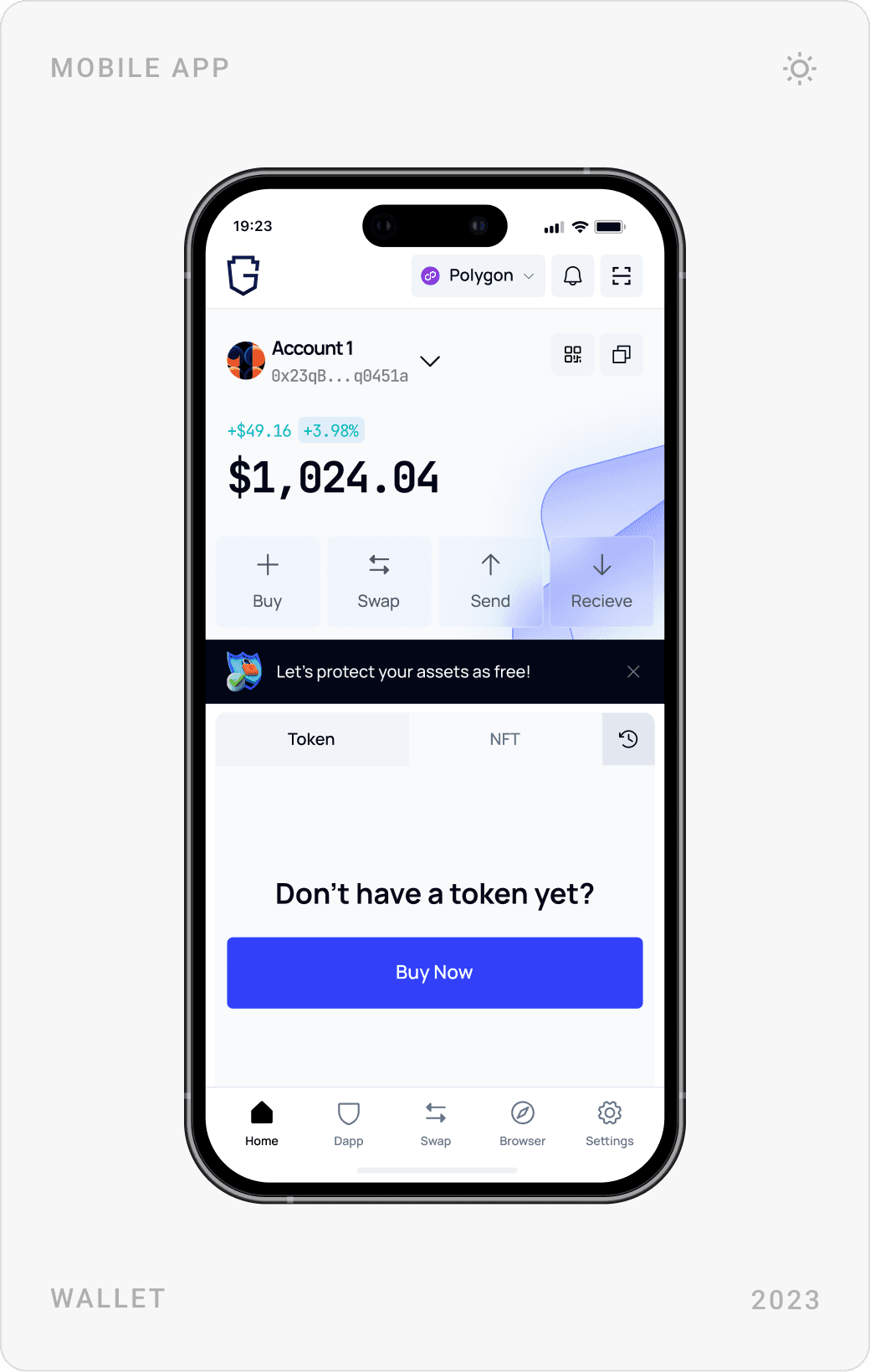 Mobile wallet home with $1,024.04 balance and empty token state, Bitcoin asset list, and Bitcoin asset detail with price chart