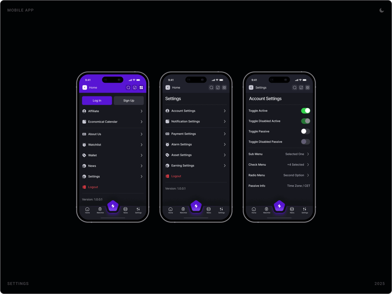 Side menu with affiliate, calendar, wallet and news, Settings list, and Account Settings with toggles and menu states