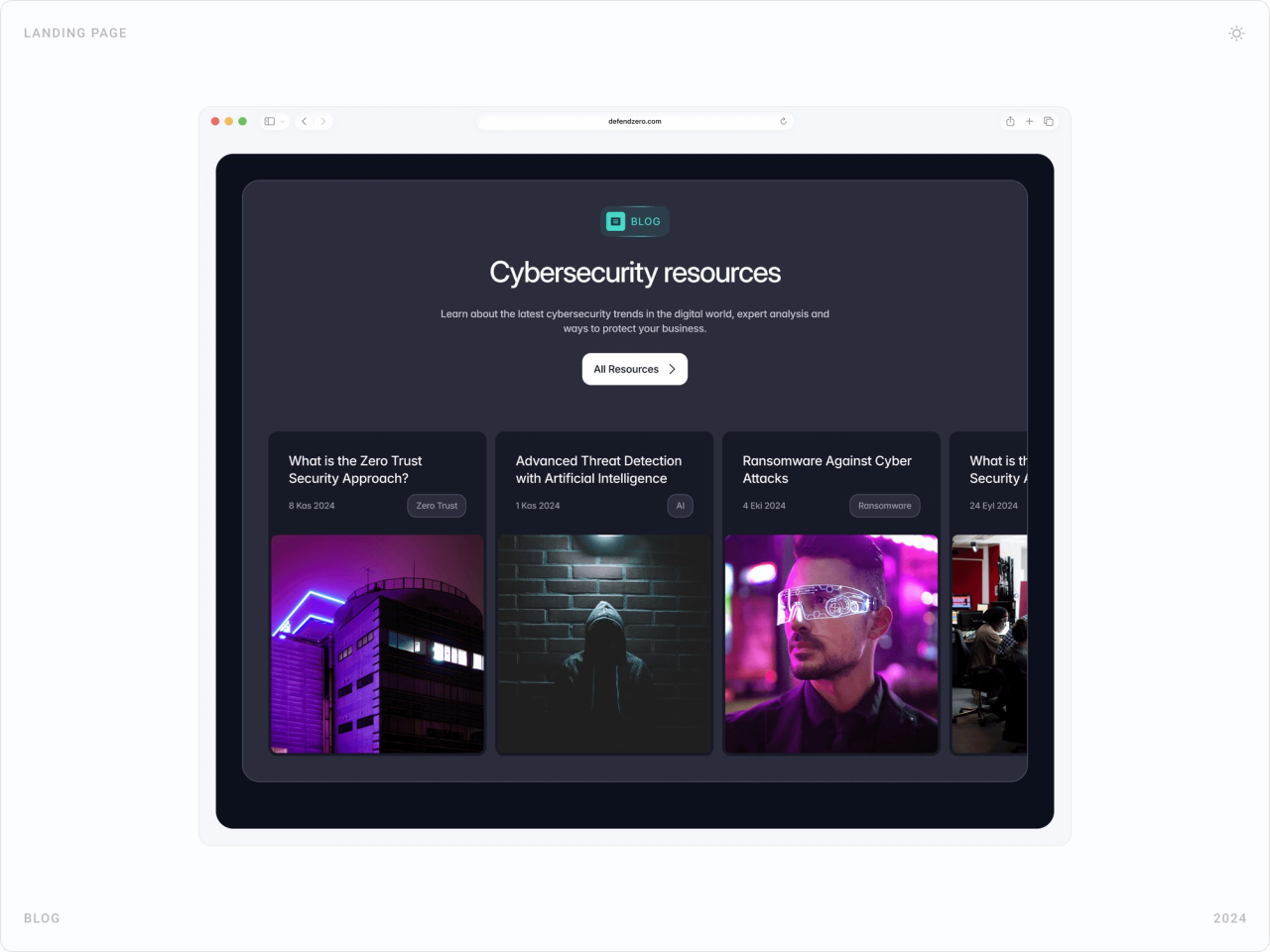 “Cybersecurity resources” blog section with article cards on Zero Trust, AI threat detection and ransomware