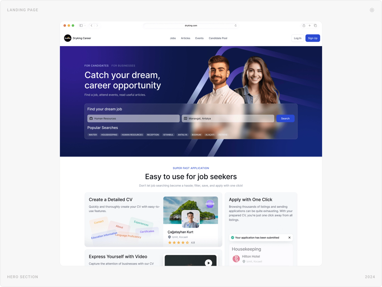 Desktop hero with job and location search, popular searches, and “Easy to use for job seekers” section with CV and one-click apply cards