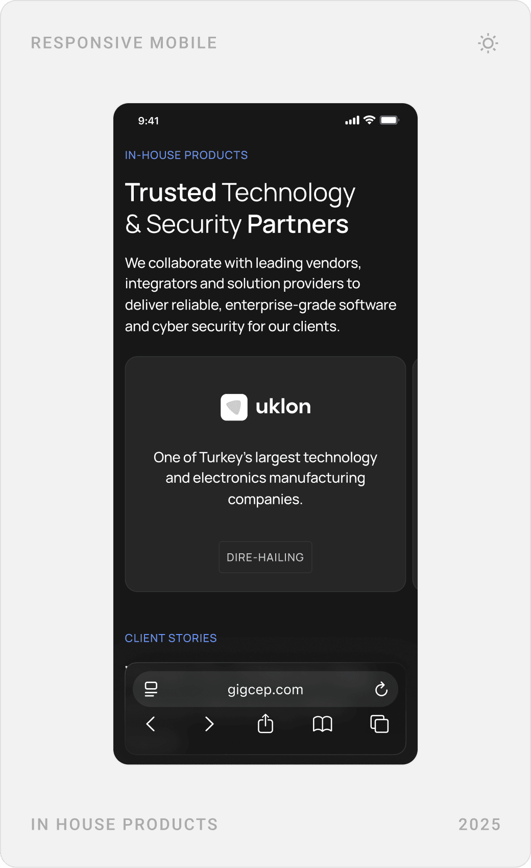 Mobile dark sections: trusted partners, client stories with a quote, and insights on software, security and infrastructure