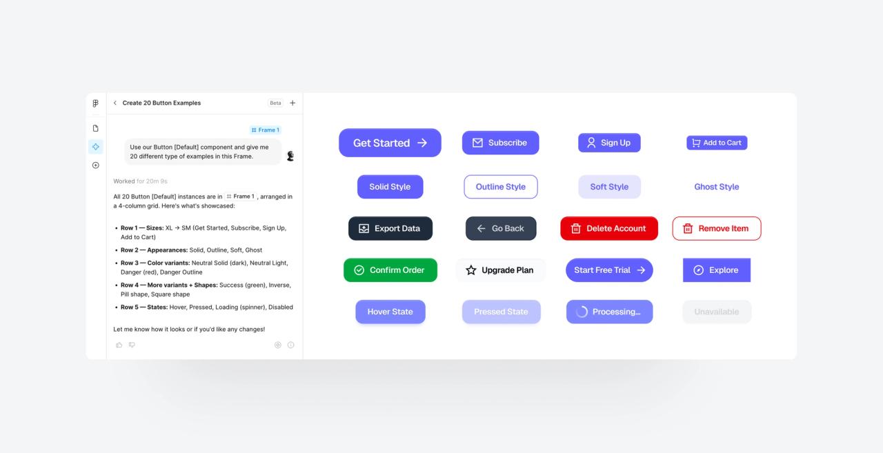 Figma AI agent asked to use the Button [Default] component returns 20 button examples across sizes, styles, colours and states