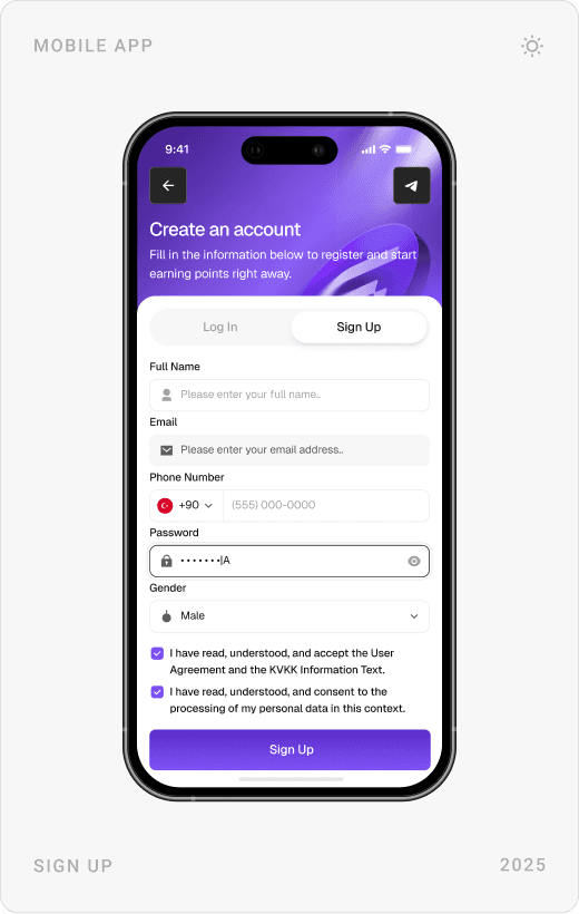 Create account form, log-in screen and “I forgot my password” screen with keyboard