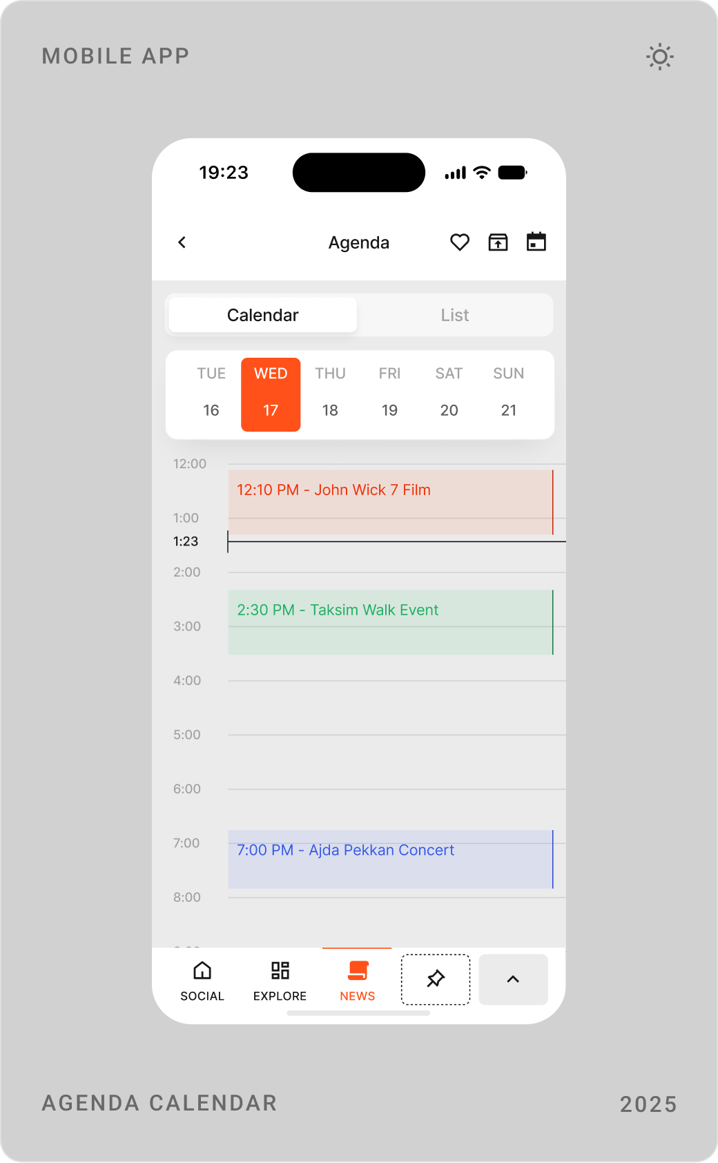 Notifications screen, agenda as a list of concerts, and agenda as a day calendar