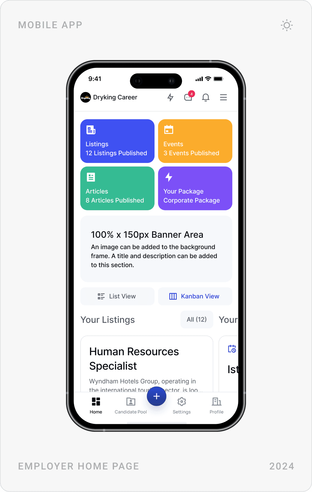 Mobile employer home with summary tiles, job listings in Kanban view, and active articles