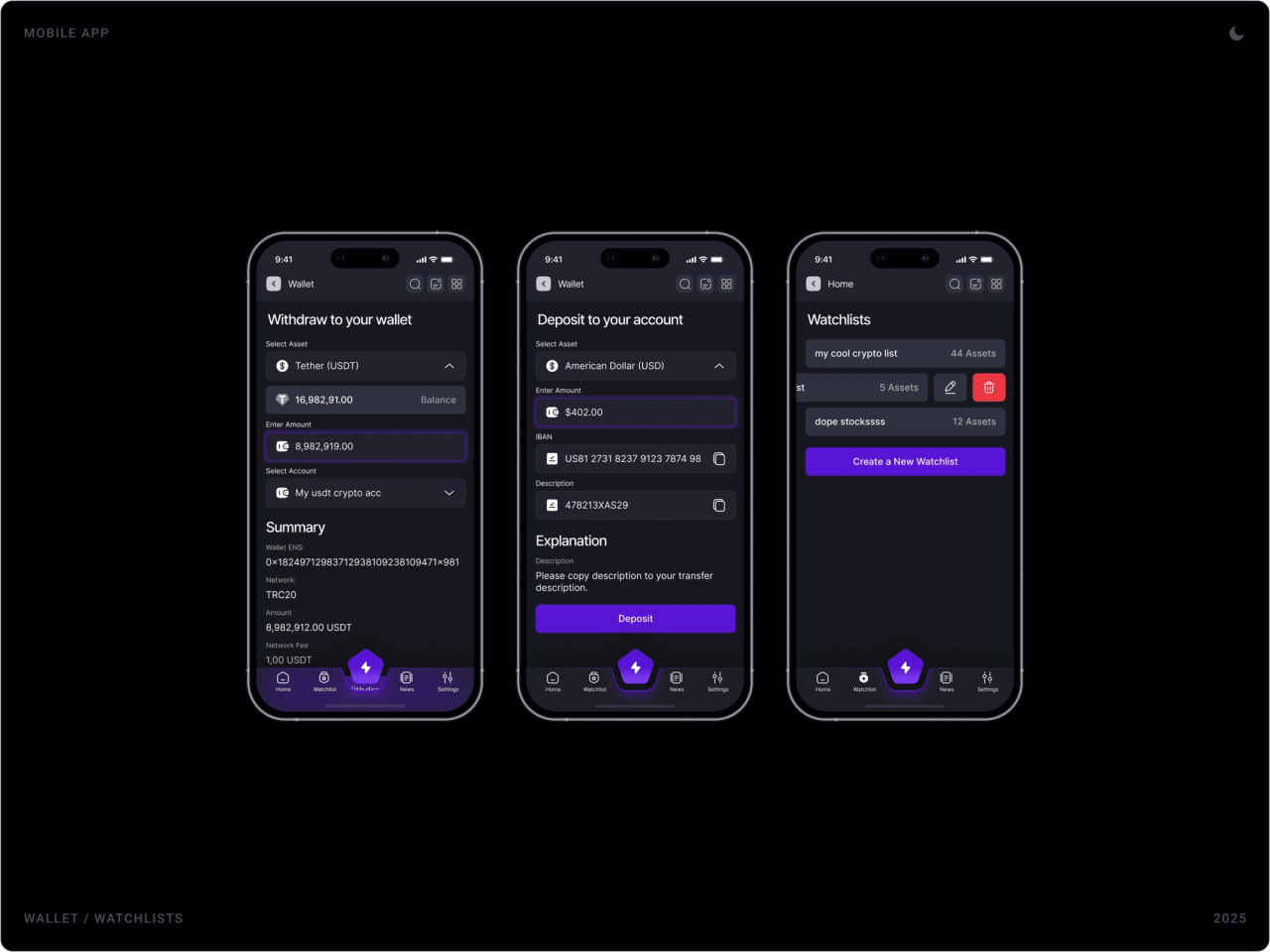 Withdraw to your wallet with balance and fee summary, Deposit to your account with IBAN and description, and Watchlists overview