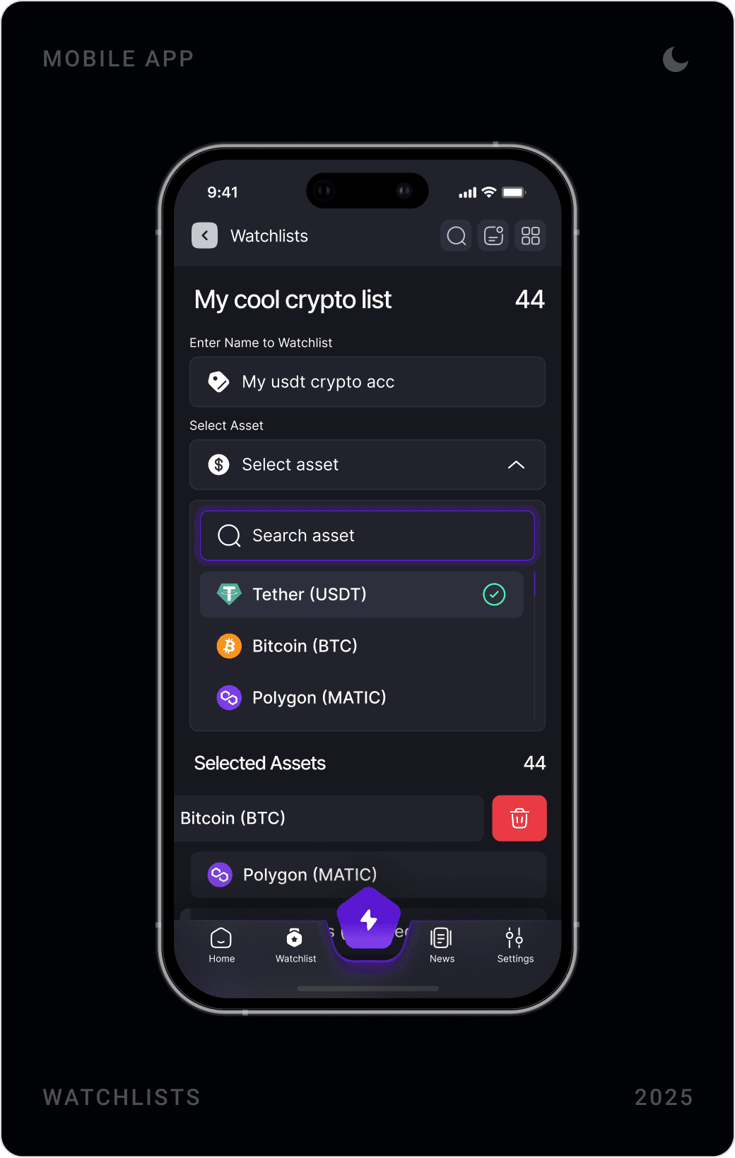 Watchlist with live asset rows, Edit Watchlist screen with asset search, and news home with Polygon banner and article cards