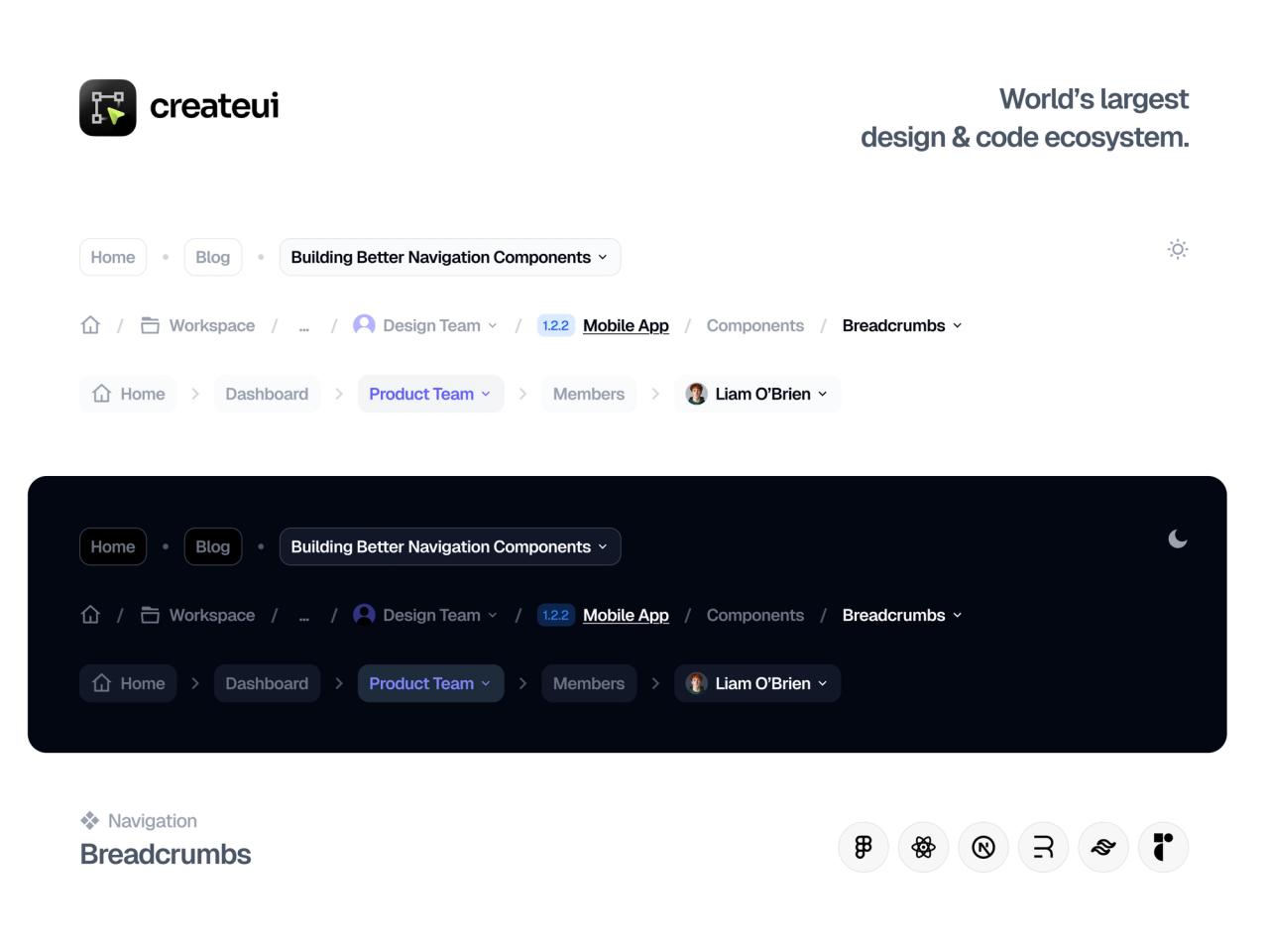 Breadcrumbs component in light and dark themes with workspace, team and user menu examples