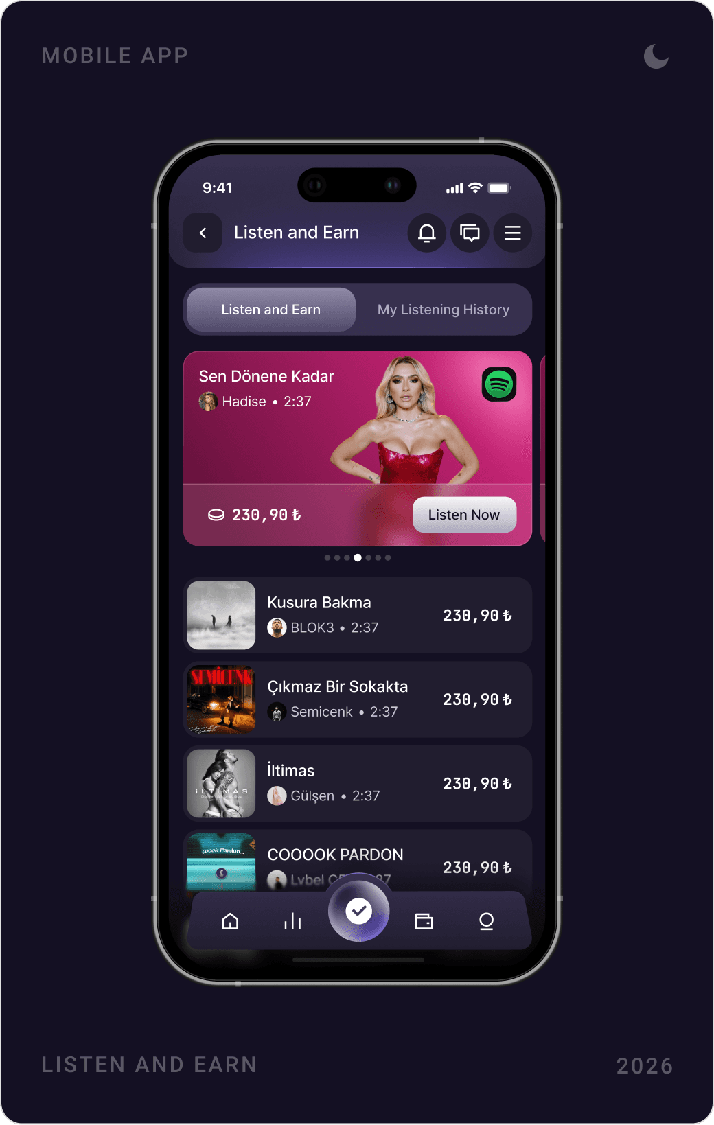 Listen and Earn screens: “Earn money by listening to music!” with Connect Spotify, account connected, and a list of songs with rewards