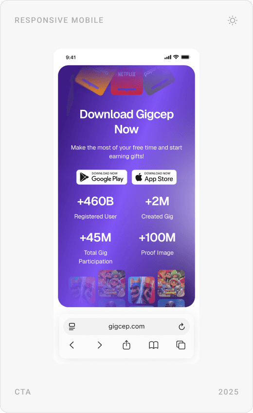 Mobile landing page: hero with store buttons, “Download Gigcep Now” banner, and the “Those Talking About Gigcep” and FAQ sections