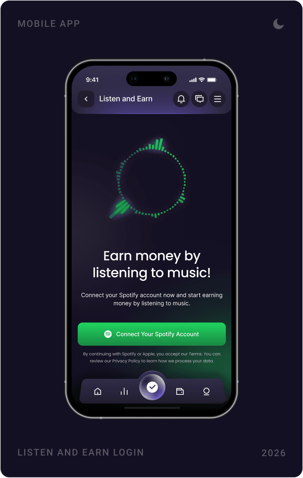 Listen and Earn screens: “Earn money by listening to music!” with Connect Spotify, account connected, and a list of songs with rewards