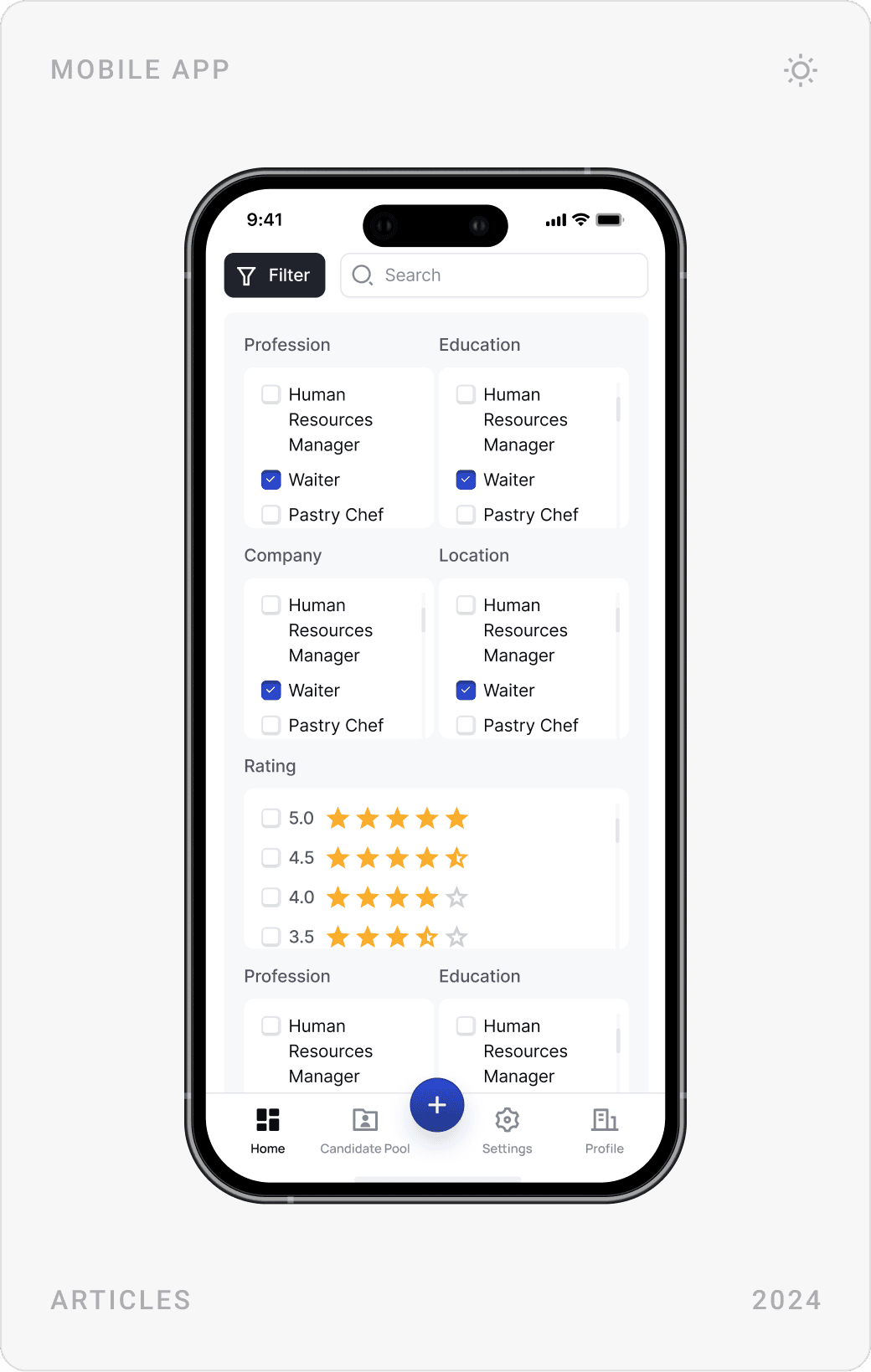 Mobile industry articles list, filter panel with profession, company, location and rating, and article detail page