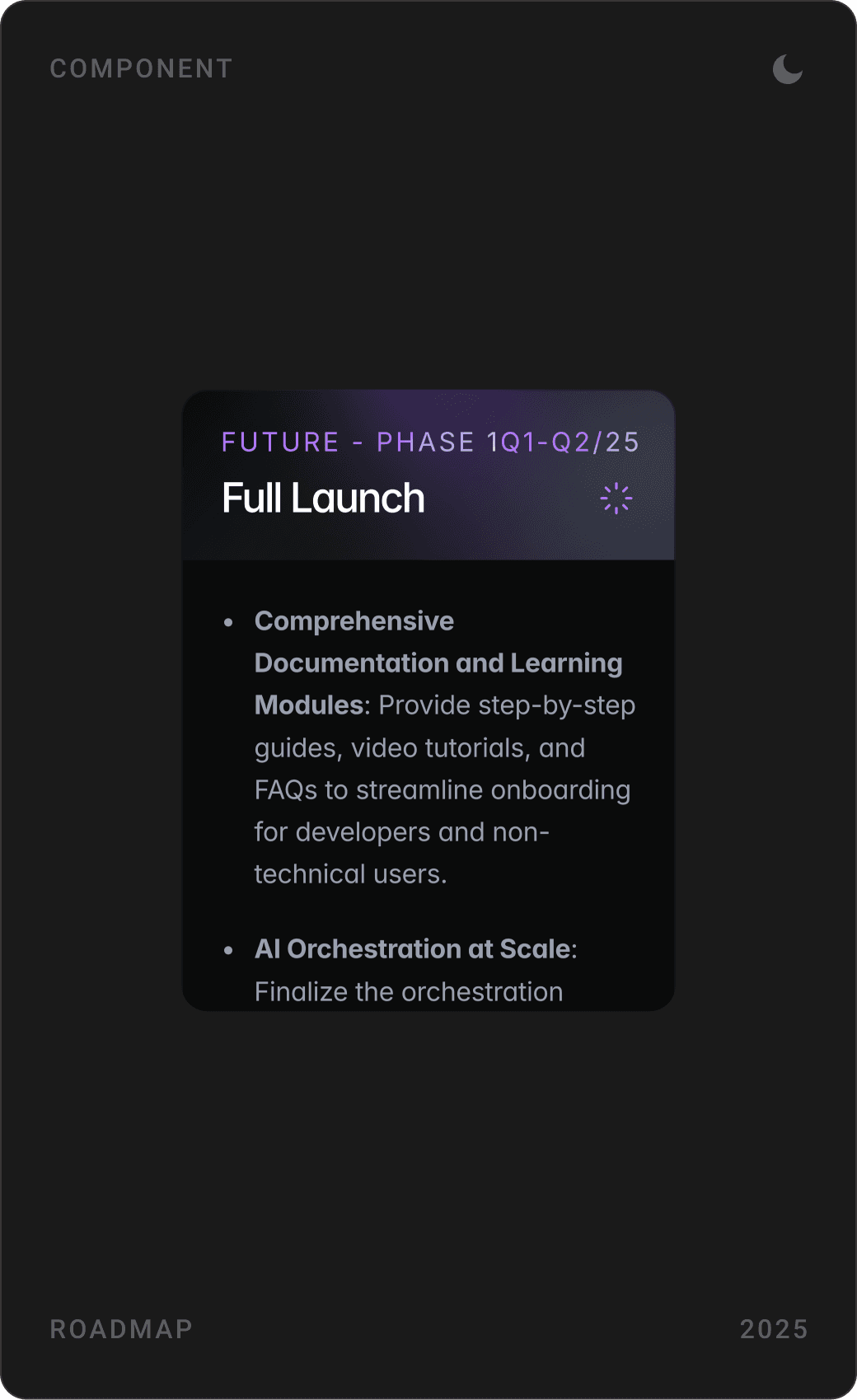 Roadmap cards: past phase “Conceptualization and Design”, current “Beta Phase” and future “Full Launch”