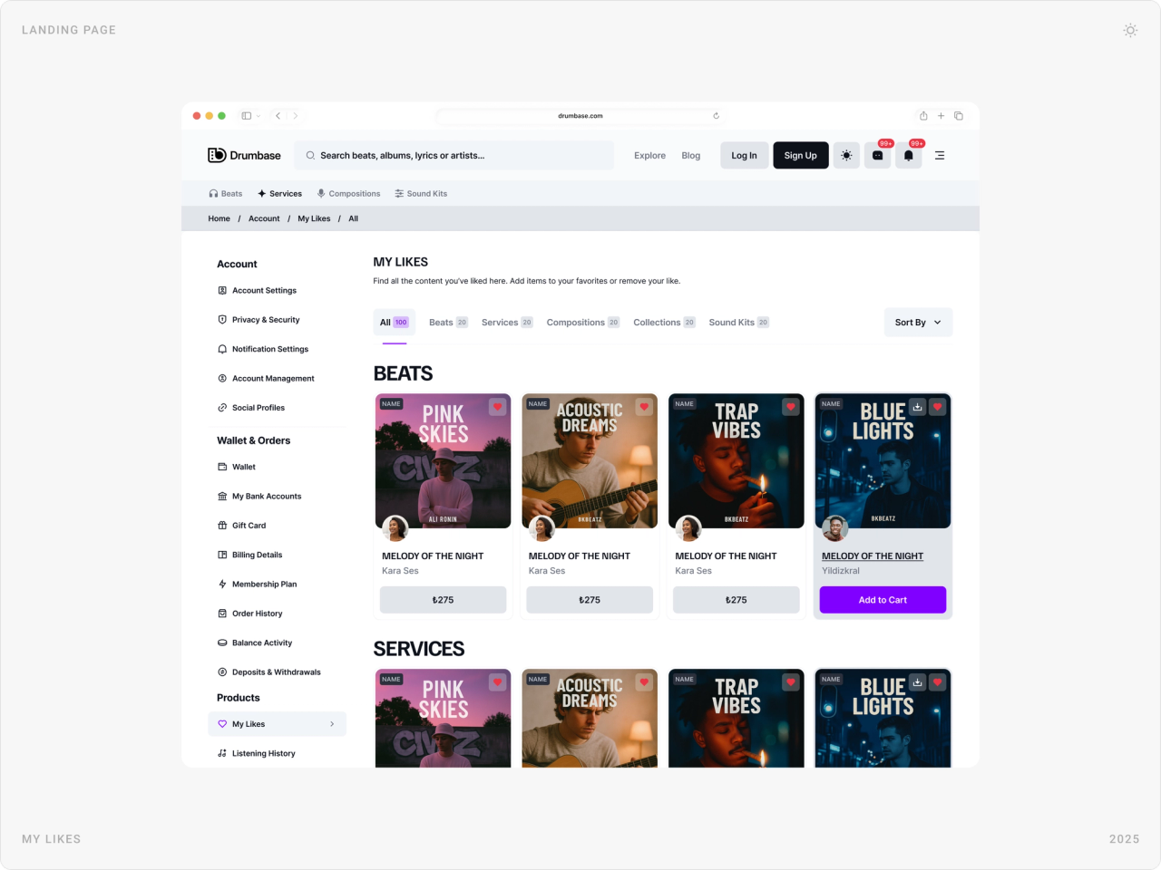 My Likes page on desktop with liked beats and services as cover cards