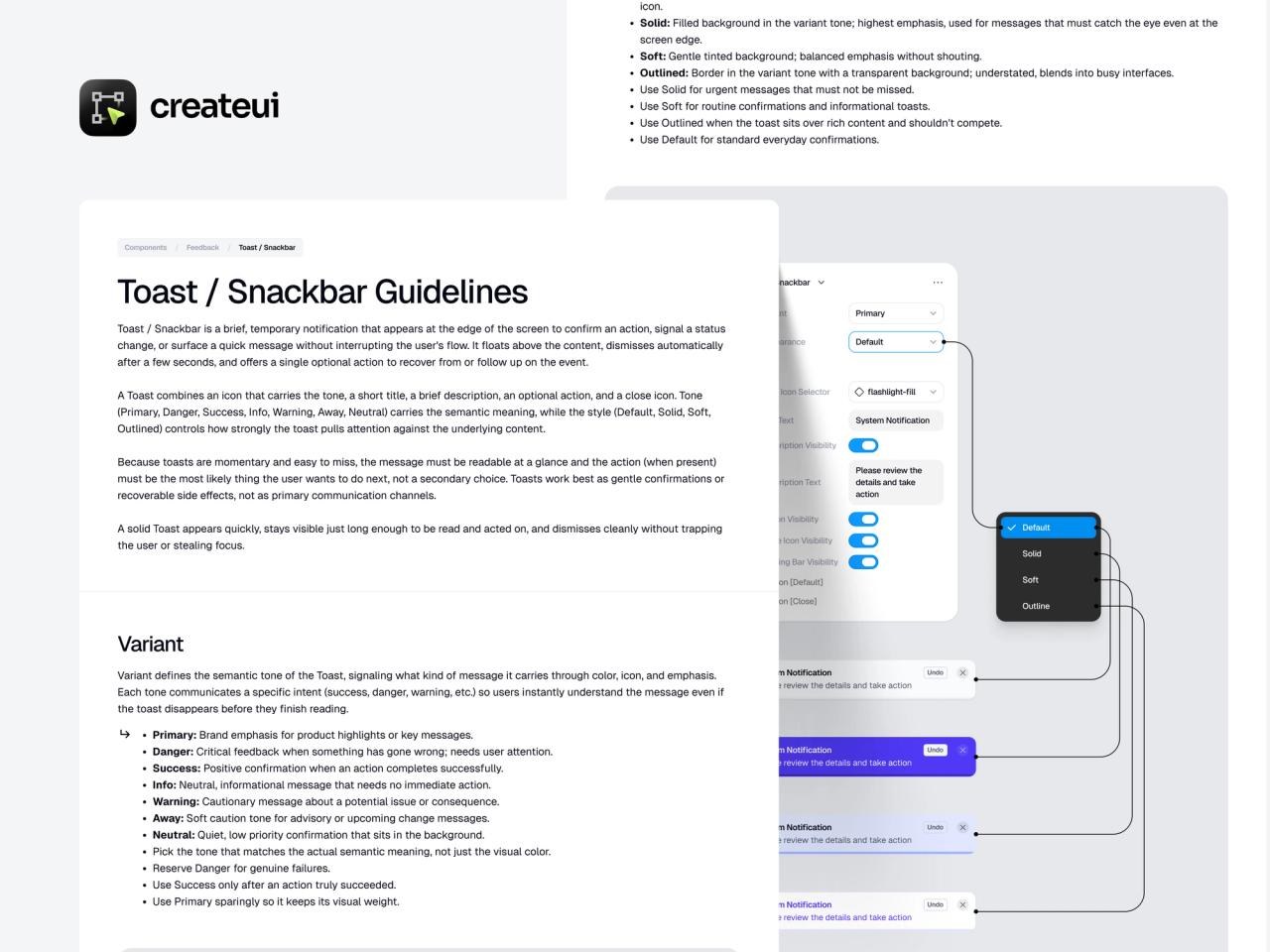 Toast / Snackbar guideline page with variant rules, next to an interactive prototype showing an error and a success toast