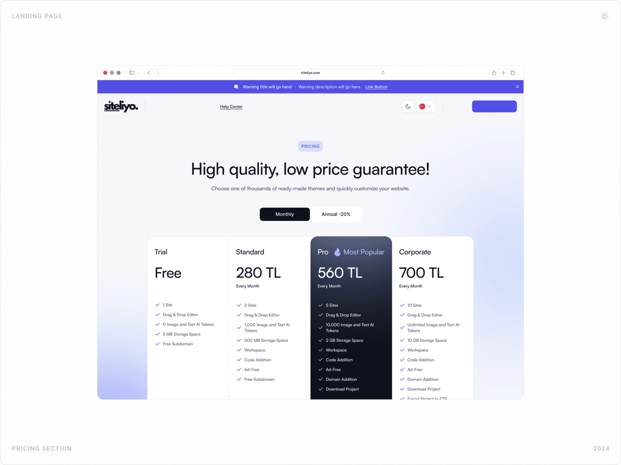 Pricing section with Trial, Standard, Pro and Corporate plans in Turkish lira and a monthly/annual toggle