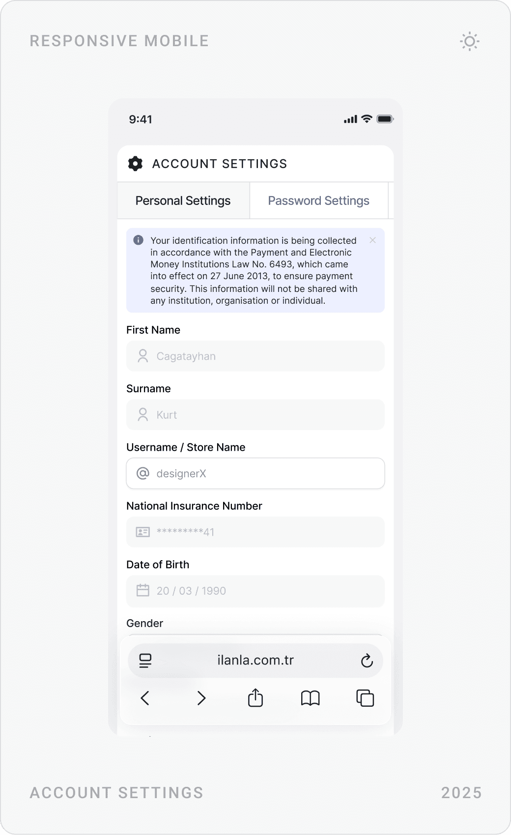 Store evaluation with star rating and comment, Account Settings personal details form, and notification settings