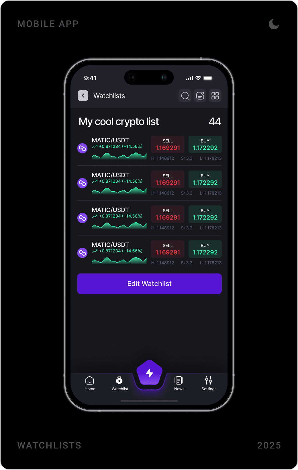 Watchlist with live asset rows, Edit Watchlist screen with asset search, and news home with Polygon banner and article cards