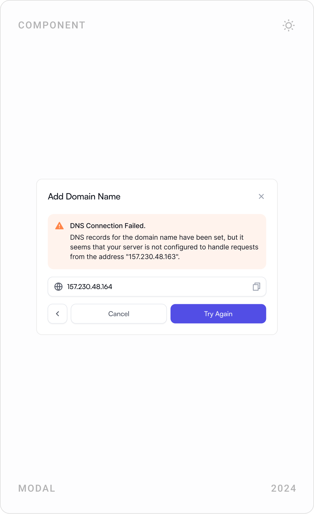 Add Domain Name modal in three states: success, DNS connection failed with the server address, and domain entry