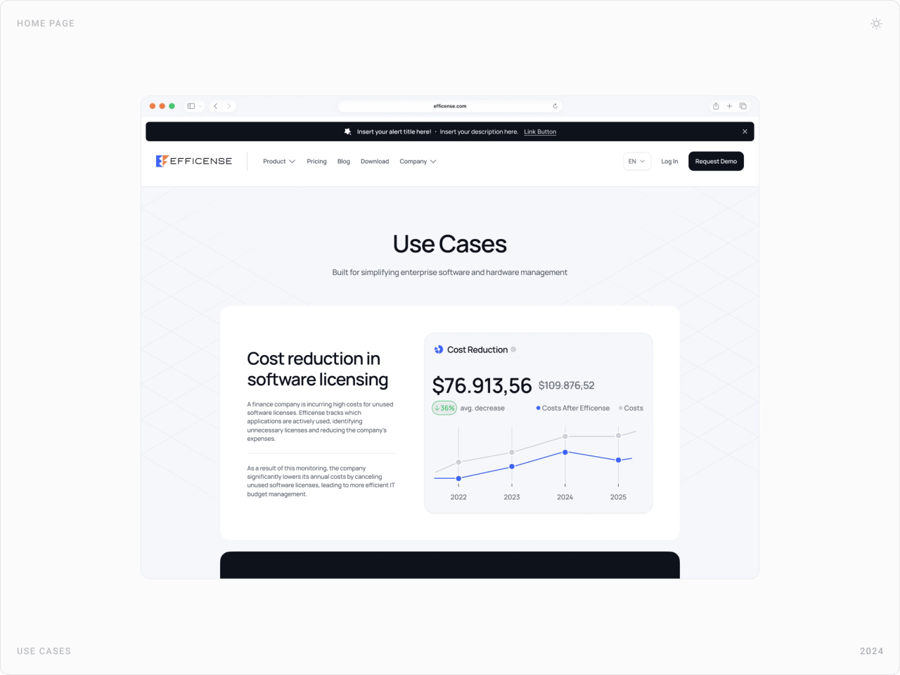Use Cases page with “Cost reduction in software licensing” story and a cost reduction line chart
