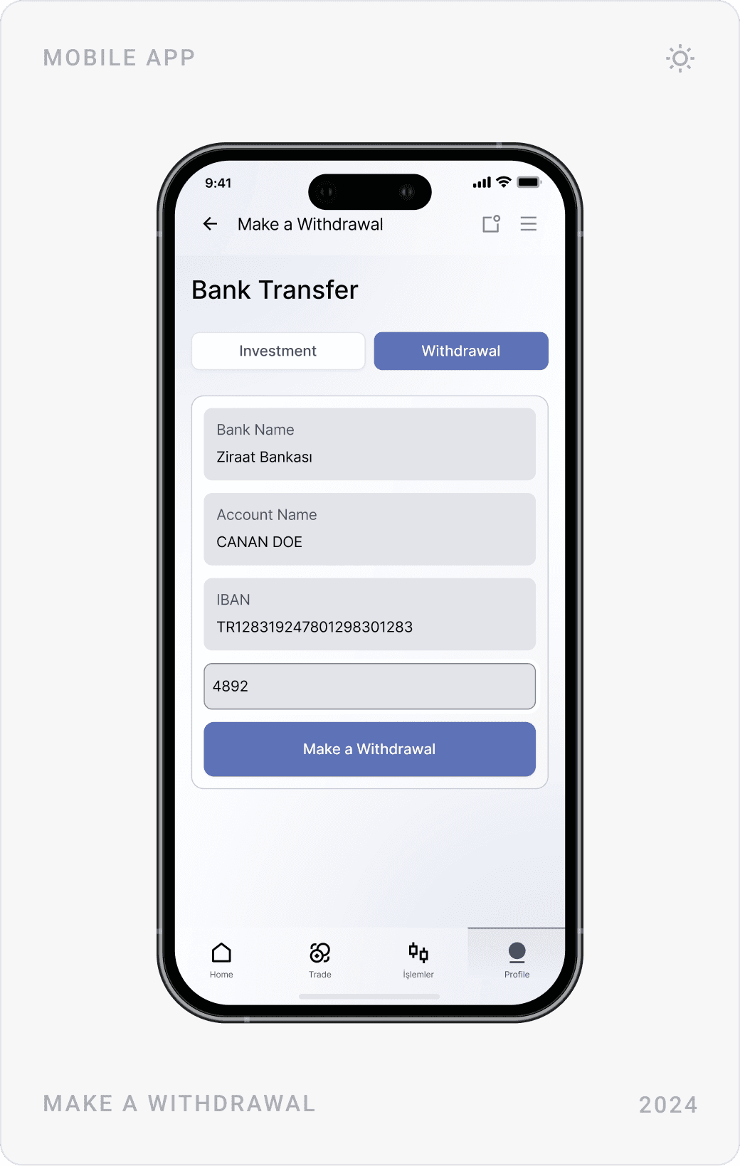 Light deposit money screen with payment methods, bank transfer with saved accounts, and a withdrawal form