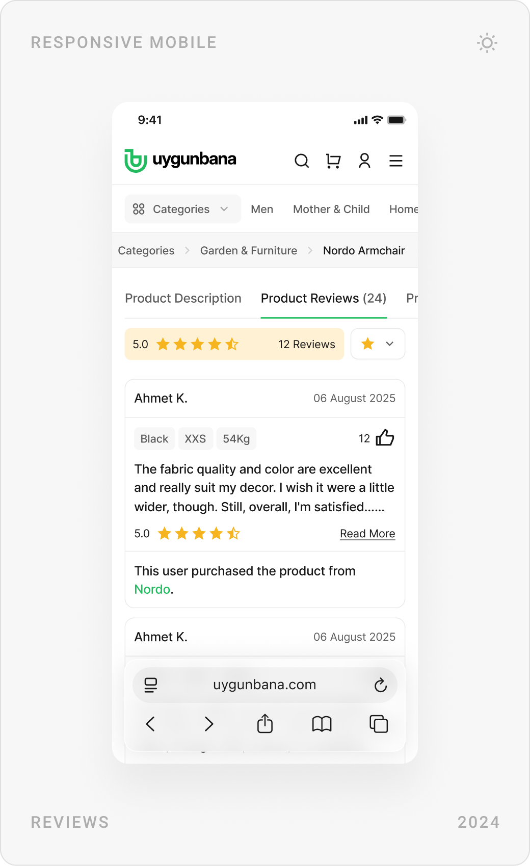 Mobile product reviews with ratings, the product gallery with seller, and colour, size and price options