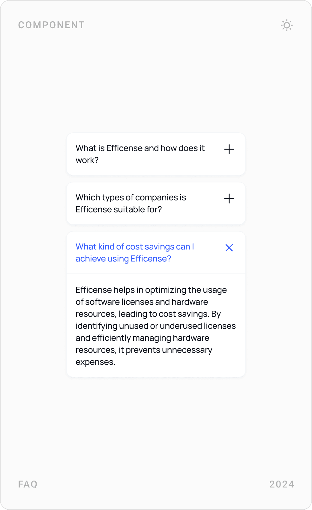 Share Article component, FAQ accordion about Efficense, and dark “End unnecessary costs today” call-to-action card