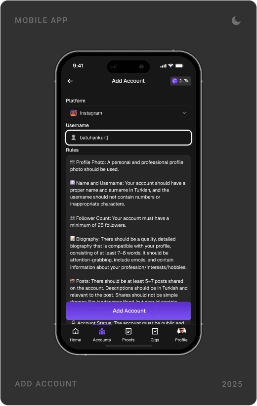Add Account screen with Instagram and account rules, a platform picker modal, and a list of linked accounts with status tags