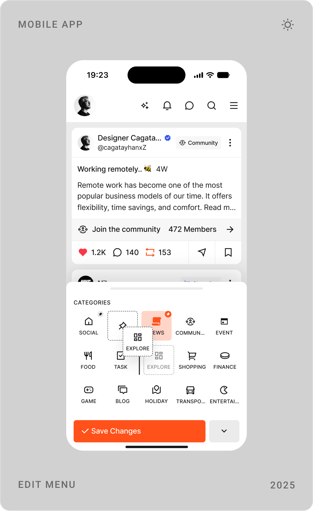 Omuz mobile screens: edit menu with category grid, menu drawer and expanded filter with categories and post types