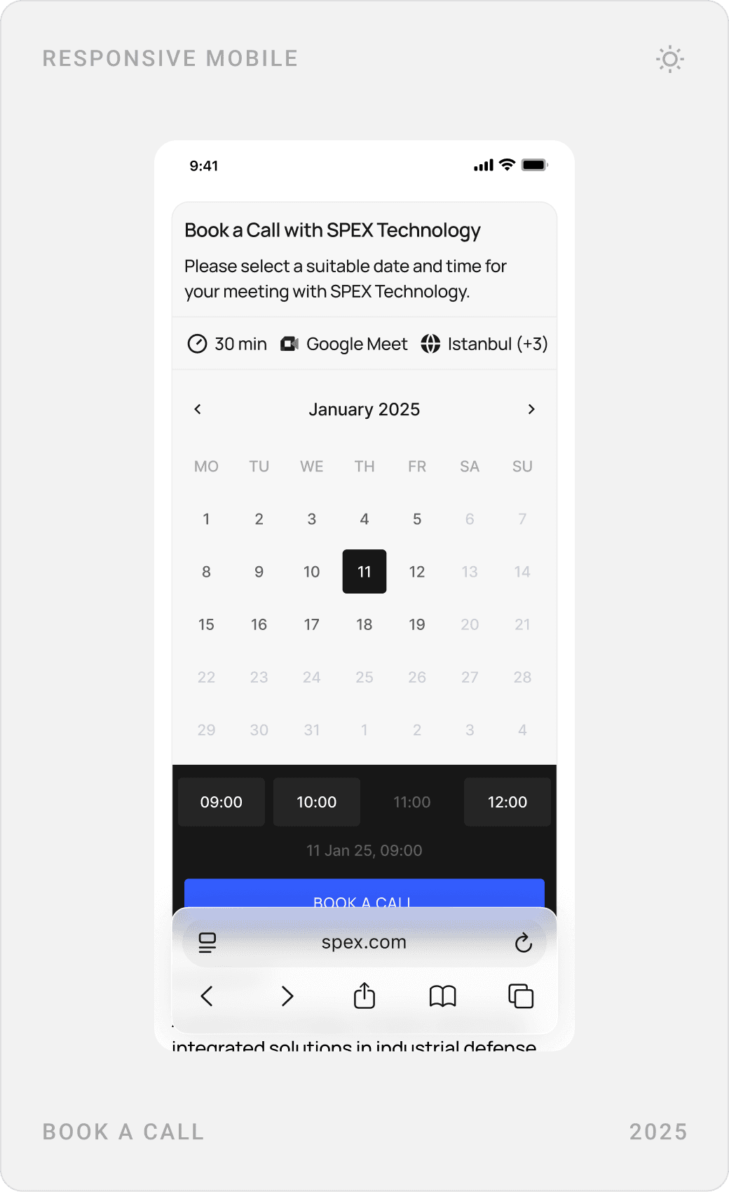 Mobile FAQ with expanded answer, closing call to action with booking, and the booking calendar with time slots