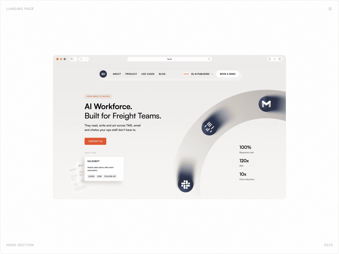 5U AI desktop homepage hero section with headline, call to action and key metrics