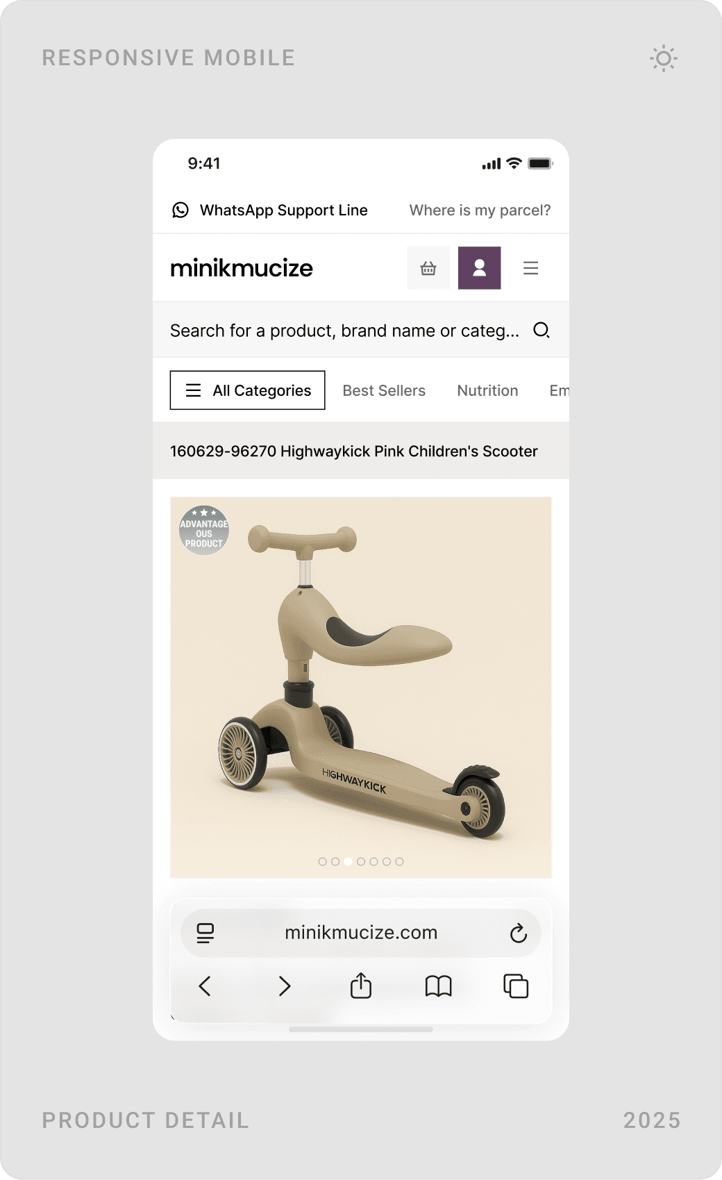 Mobile product detail: product image, colour and size selection with price and add to cart, and product features