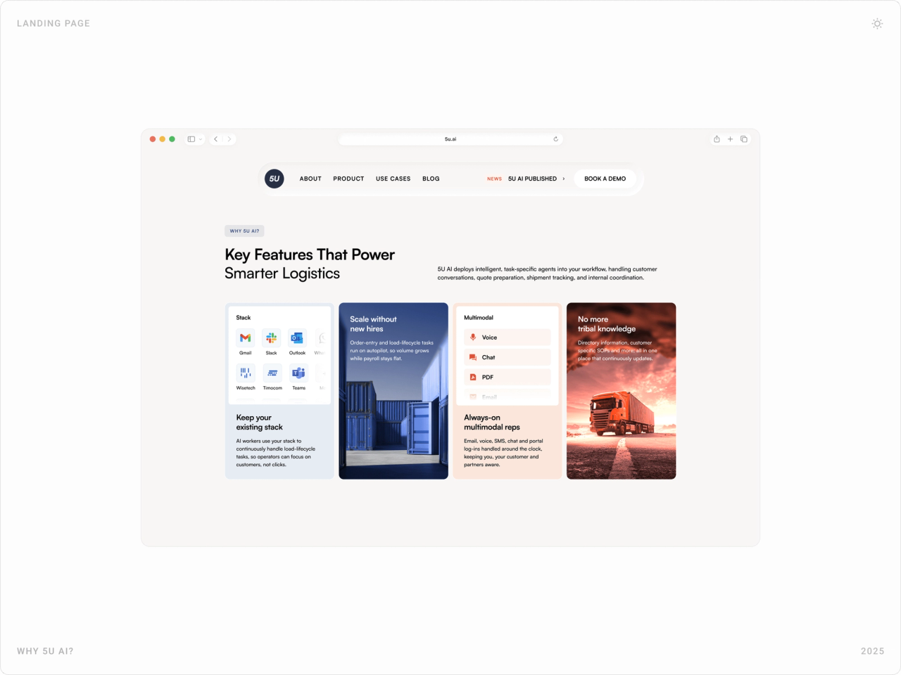 “Key features that power smarter logistics” bento grid on the 5U AI website