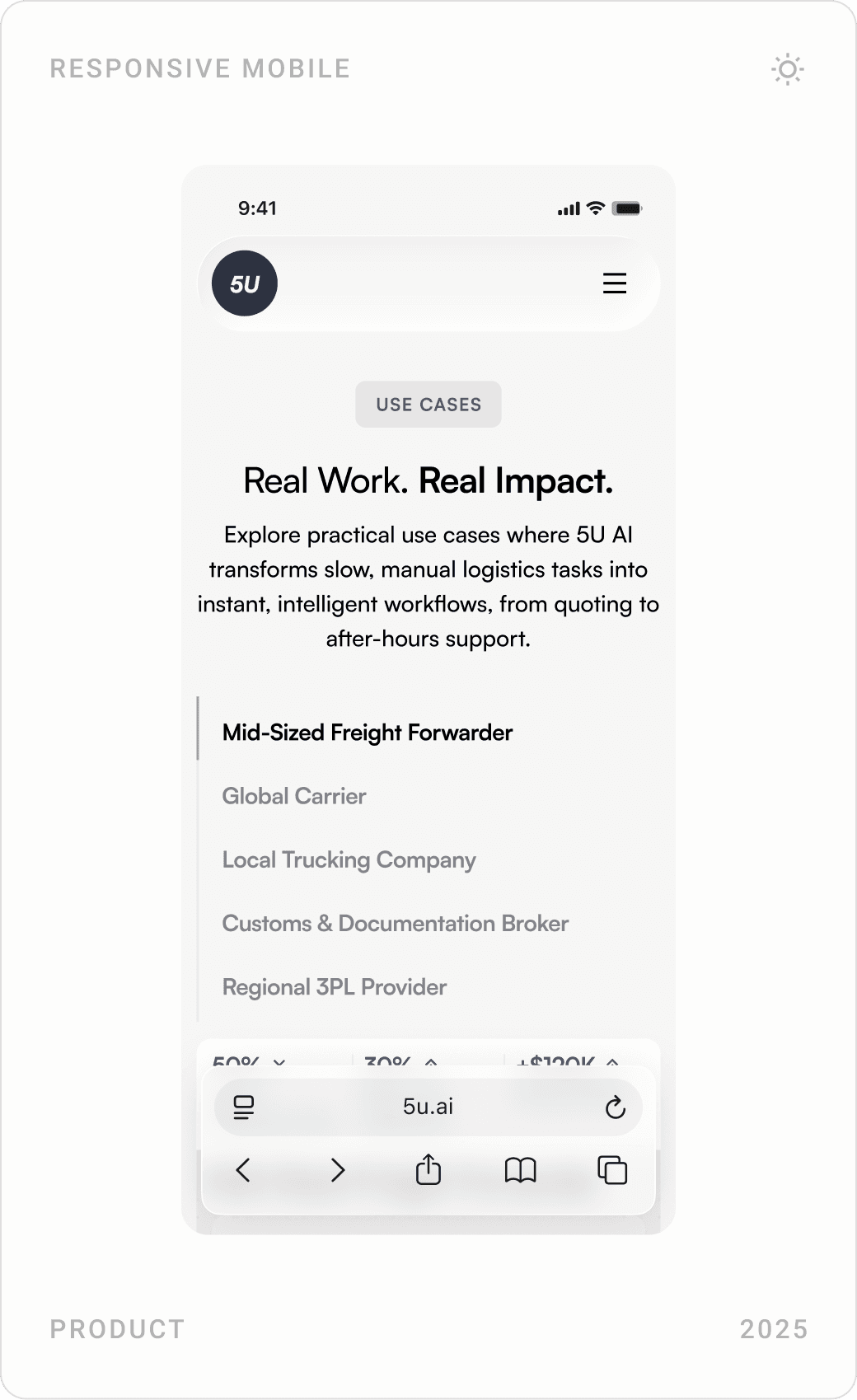 Mobile product and use-case pages for 5U AI