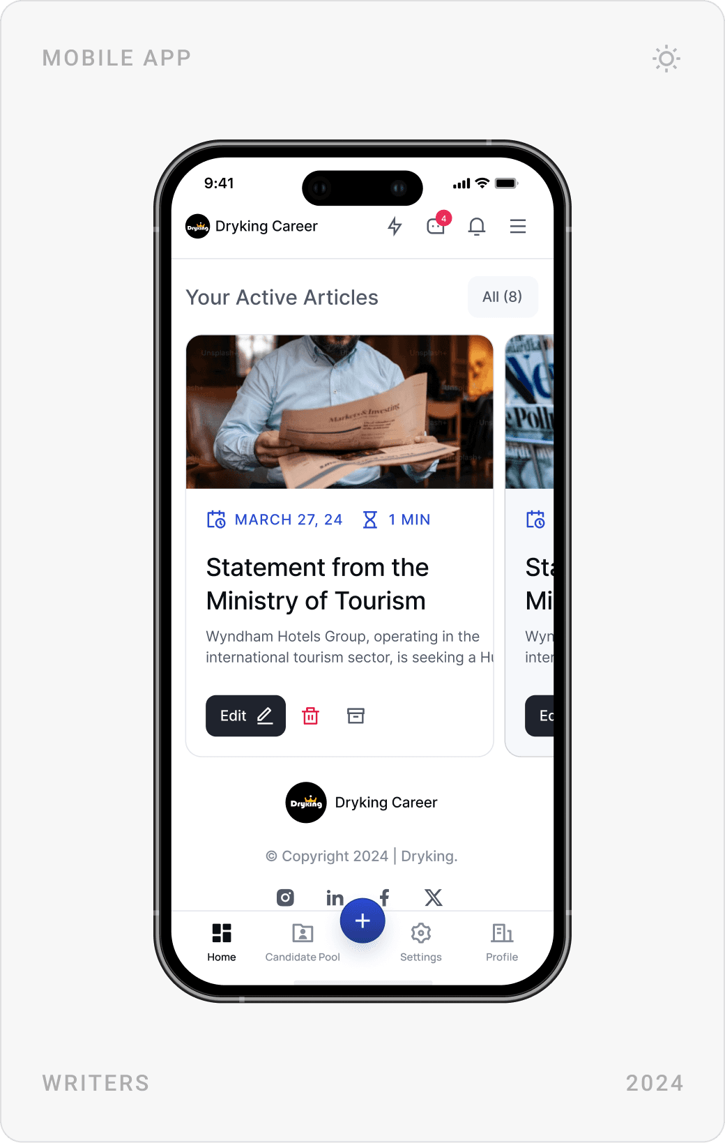 Mobile employer home with summary tiles, job listings in Kanban view, and active articles