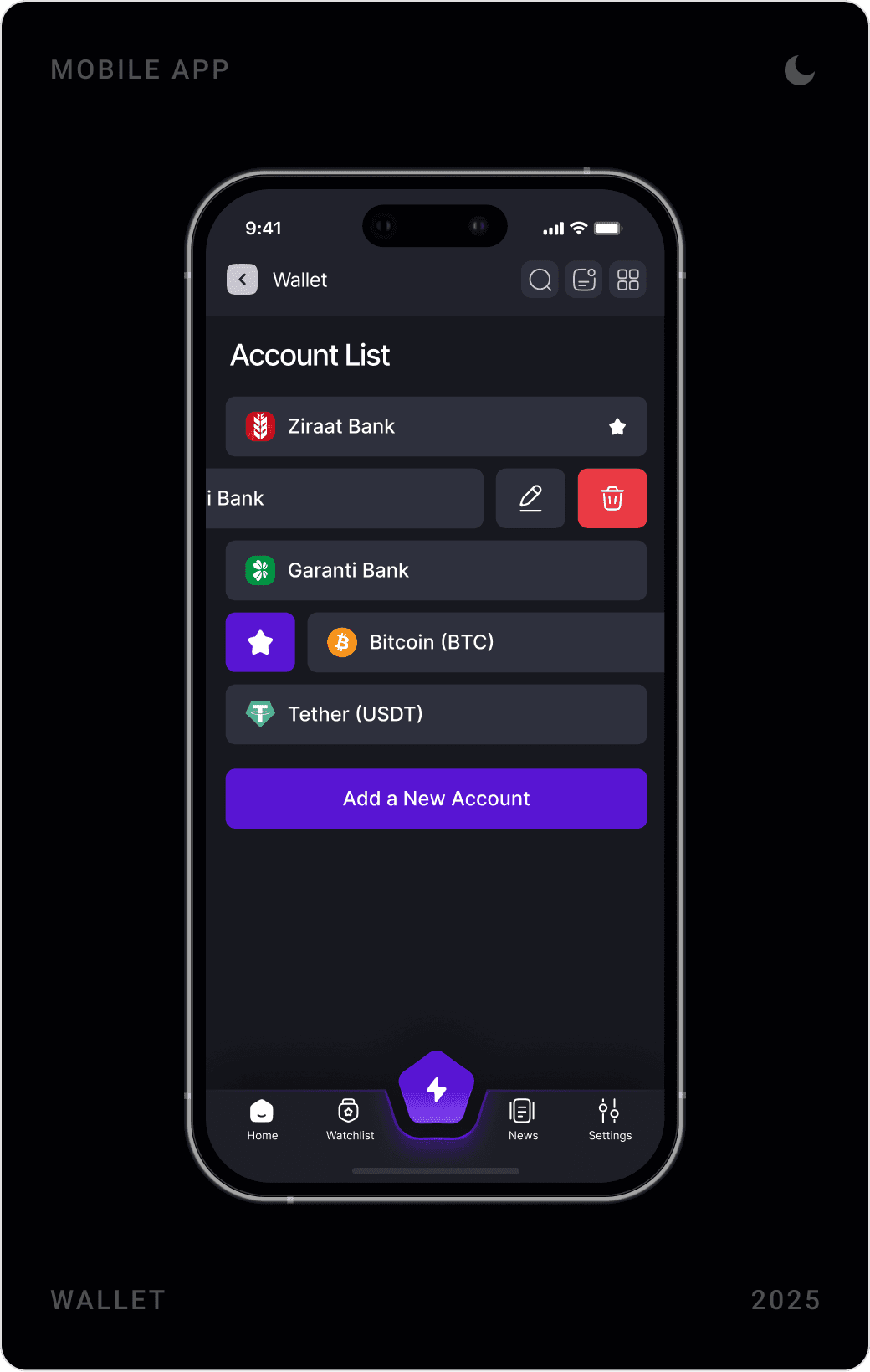 Wallet account list with banks and crypto assets, and Enter Account Informations forms for a crypto and a bank account
