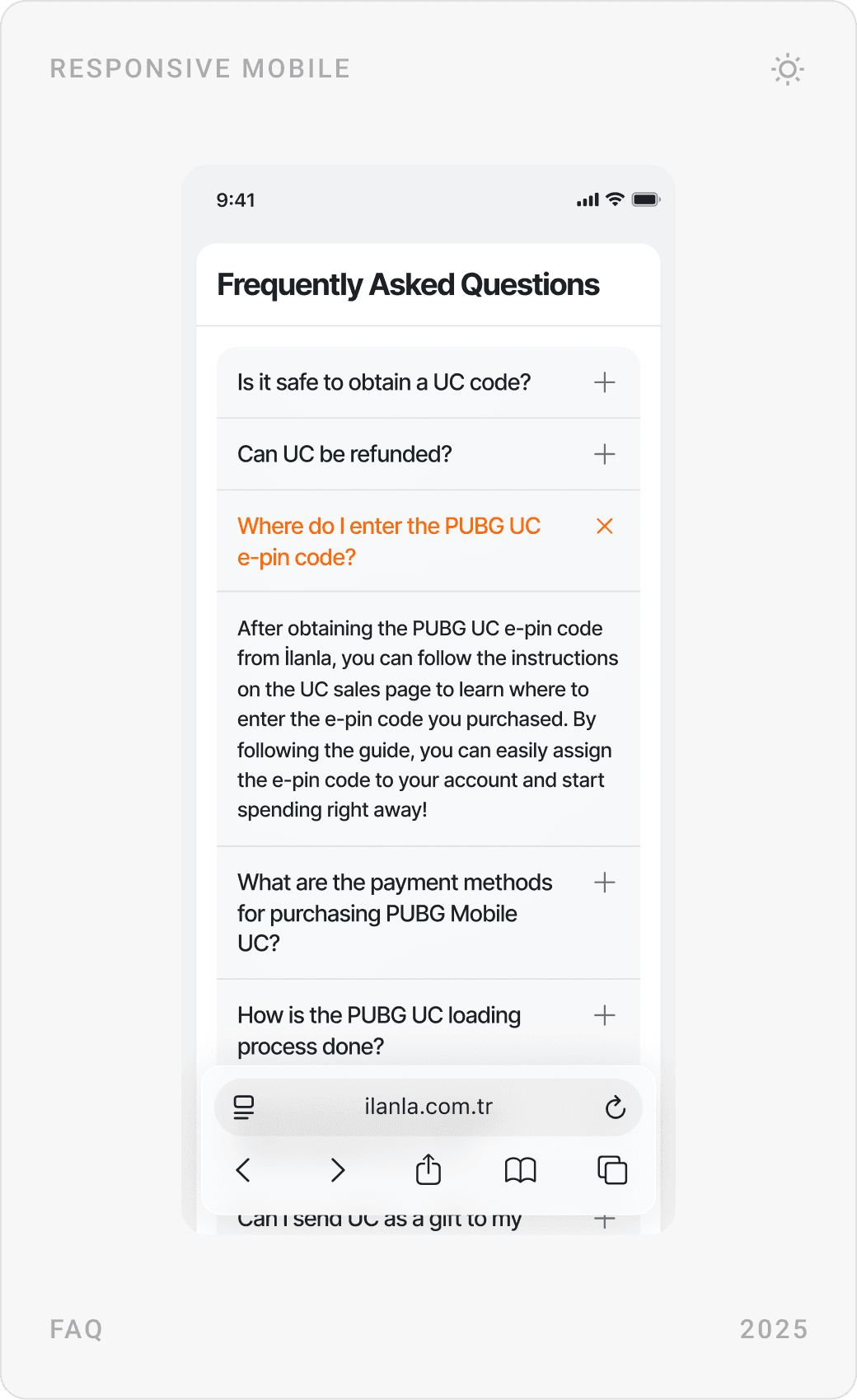Mobile categories page with game tabs, “What is İlanla?” SEO text, and a Frequently Asked Questions accordion