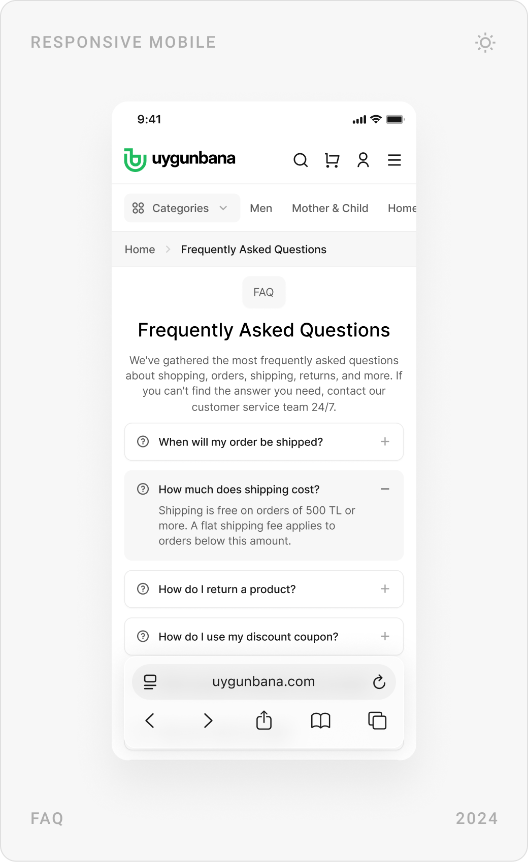 Mobile FAQ with expandable questions, a 404 page not found screen and a deals page