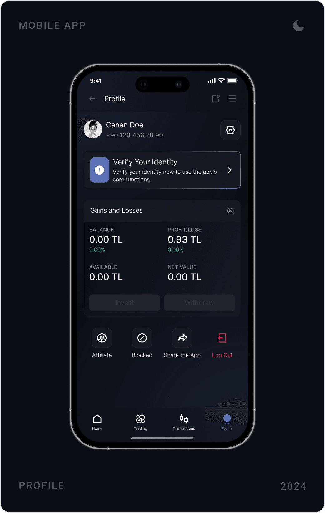 Dark profile with identity verification prompt and gains and losses, settings screen, and affiliate earnings with invite link
