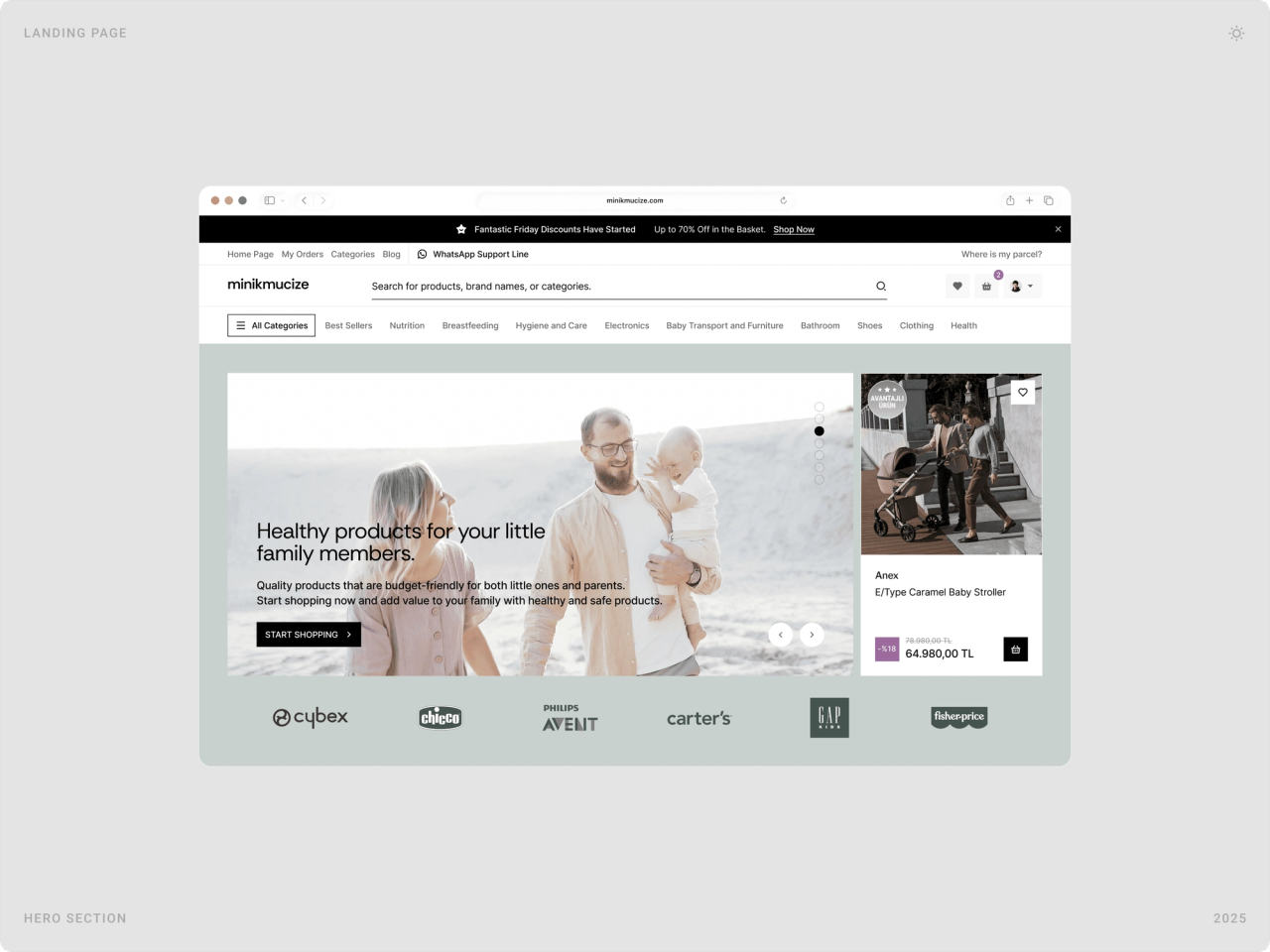 Desktop hero of the Minikmucize homepage with a family photo, a featured stroller card and brand logos below