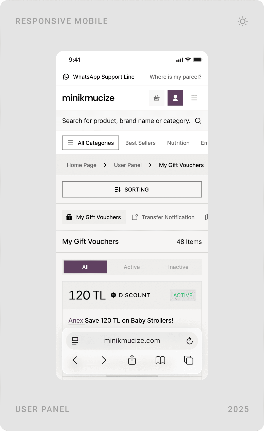 Mobile account screens: gift vouchers, bank transfer notification form and saved addresses