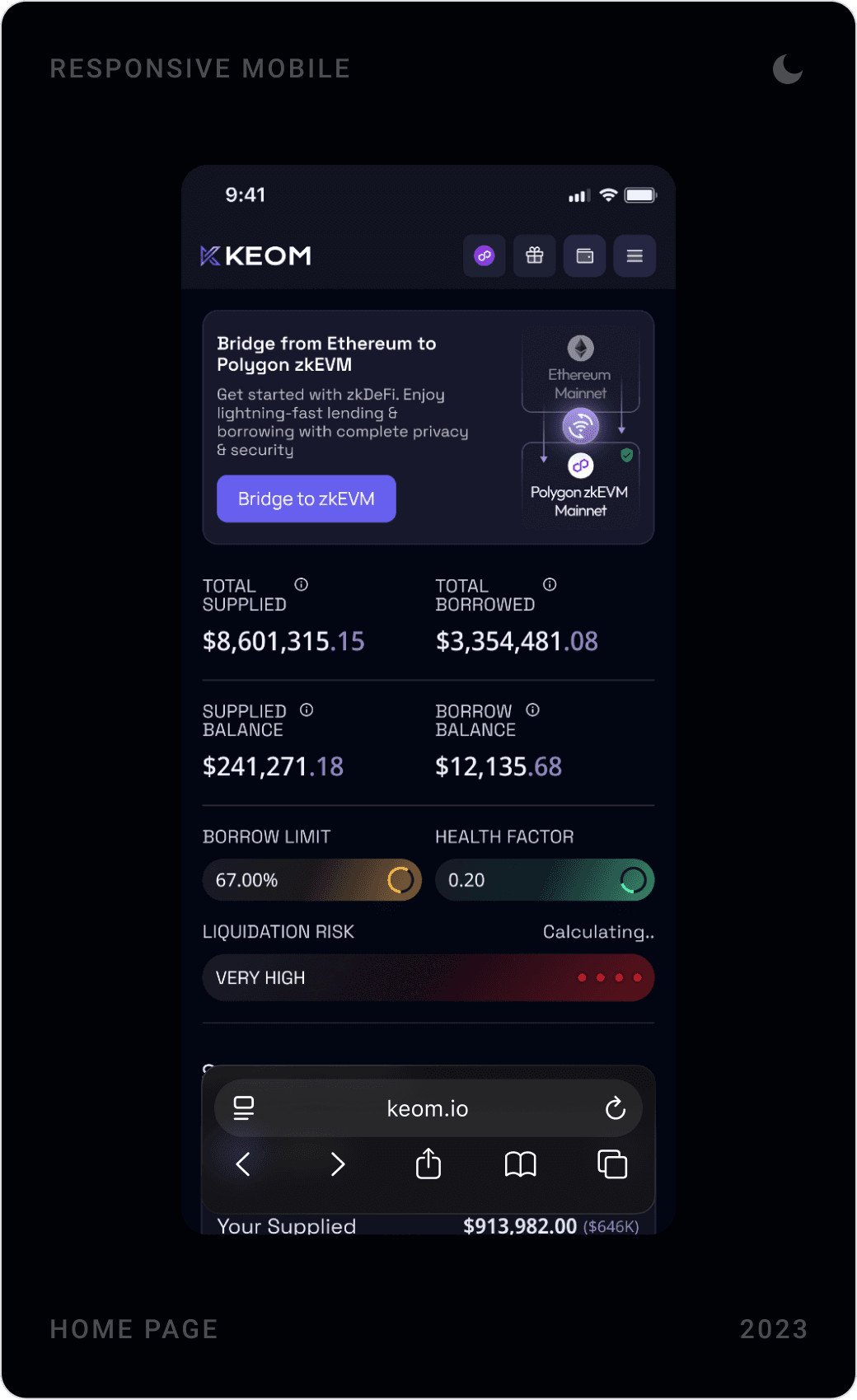 KEOM mobile home: zkEVM bridge banner with risk bars, supplied and borrowed assets, and supply markets with footer