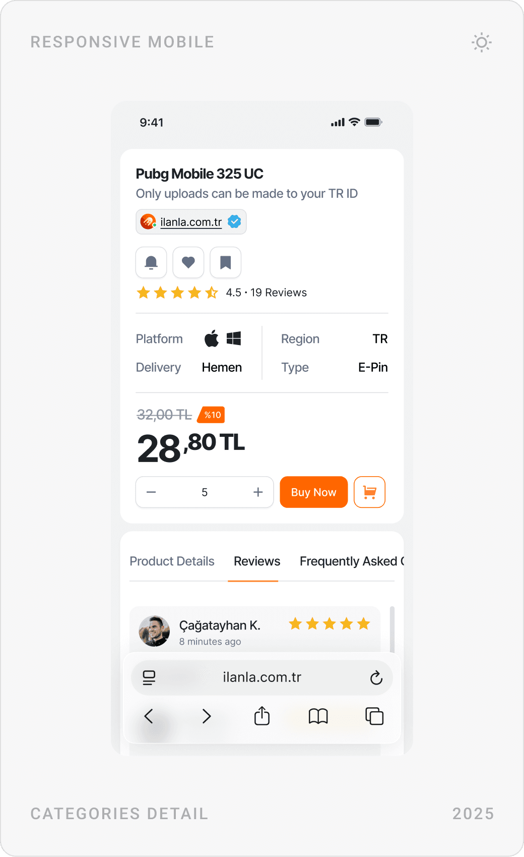 Mobile PUBG Mobile UC product page, product details with 28.80 TL price and buy button, and the reviews tab