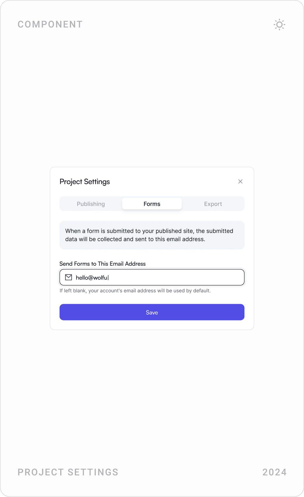 Project settings for form delivery email and publishing status, and a “delete the project?” confirmation modal