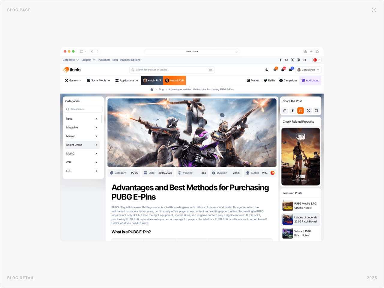 Blog article “Advantages and Best Methods for Purchasing PUBG E-Pins” with category sidebar, share buttons and related products