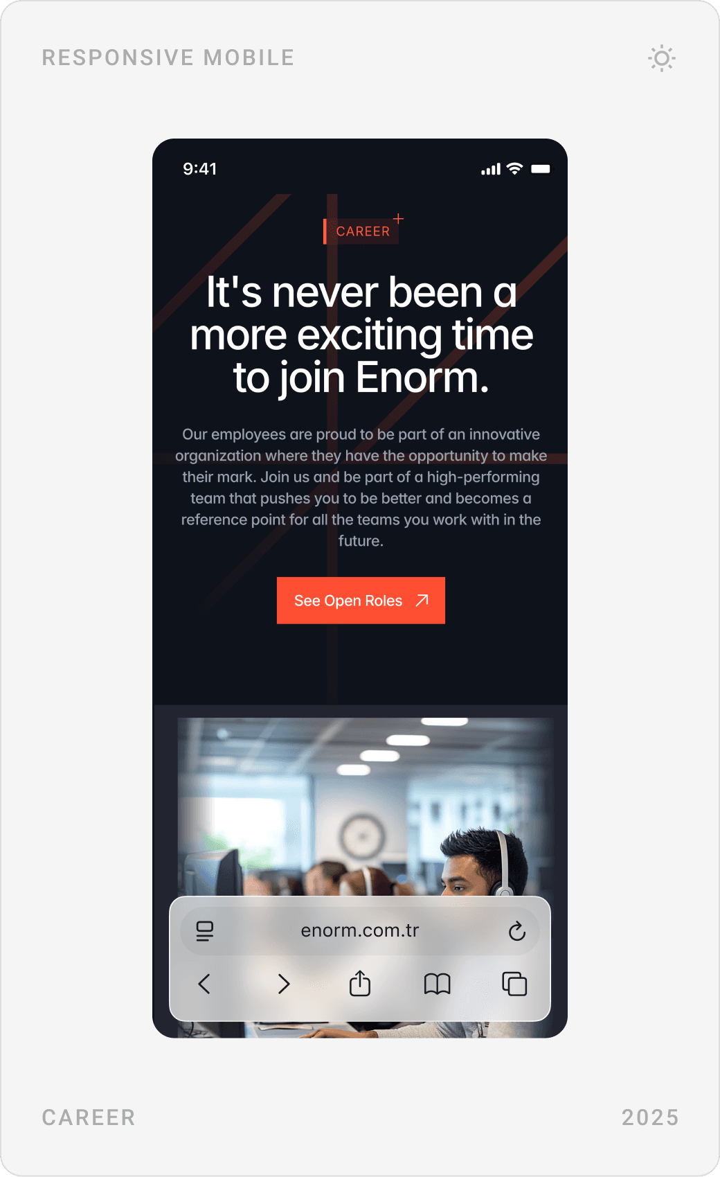 Mobile careers page: “It’s never been a more exciting time to join Enorm”, office photo and company figures